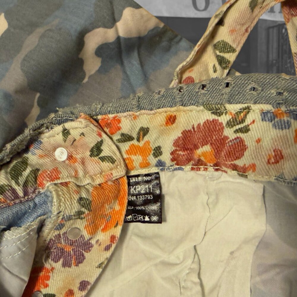 POL LAST ONE Boho Mixed Fabric Cotton Denim Floral Patch Suspender Strap Jeans - Picture 13 of 16